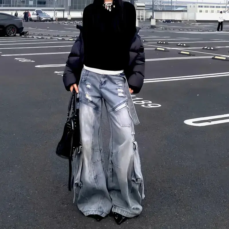 美式高街重工水洗多口袋磨破解构工装牛仔裤男女宽松阔腿弯刀长裤