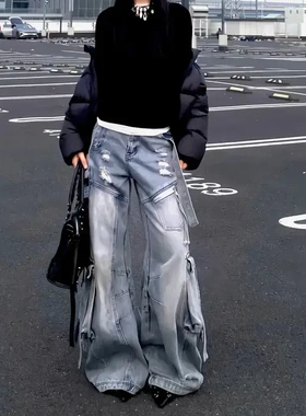 美式高街重工水洗多口袋磨破解构工装牛仔裤男女宽松阔腿弯刀长裤