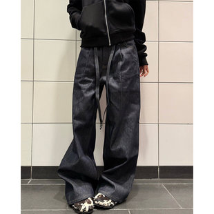 美式复古原牛绑带阔腿牛仔裤女秋季剑道双褶设计感宽松拖地长裤子