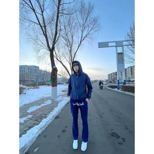 藏青色阿拉伯文刺绣裤子男款冬季美式运动卫裤显瘦篮球微喇休闲裤