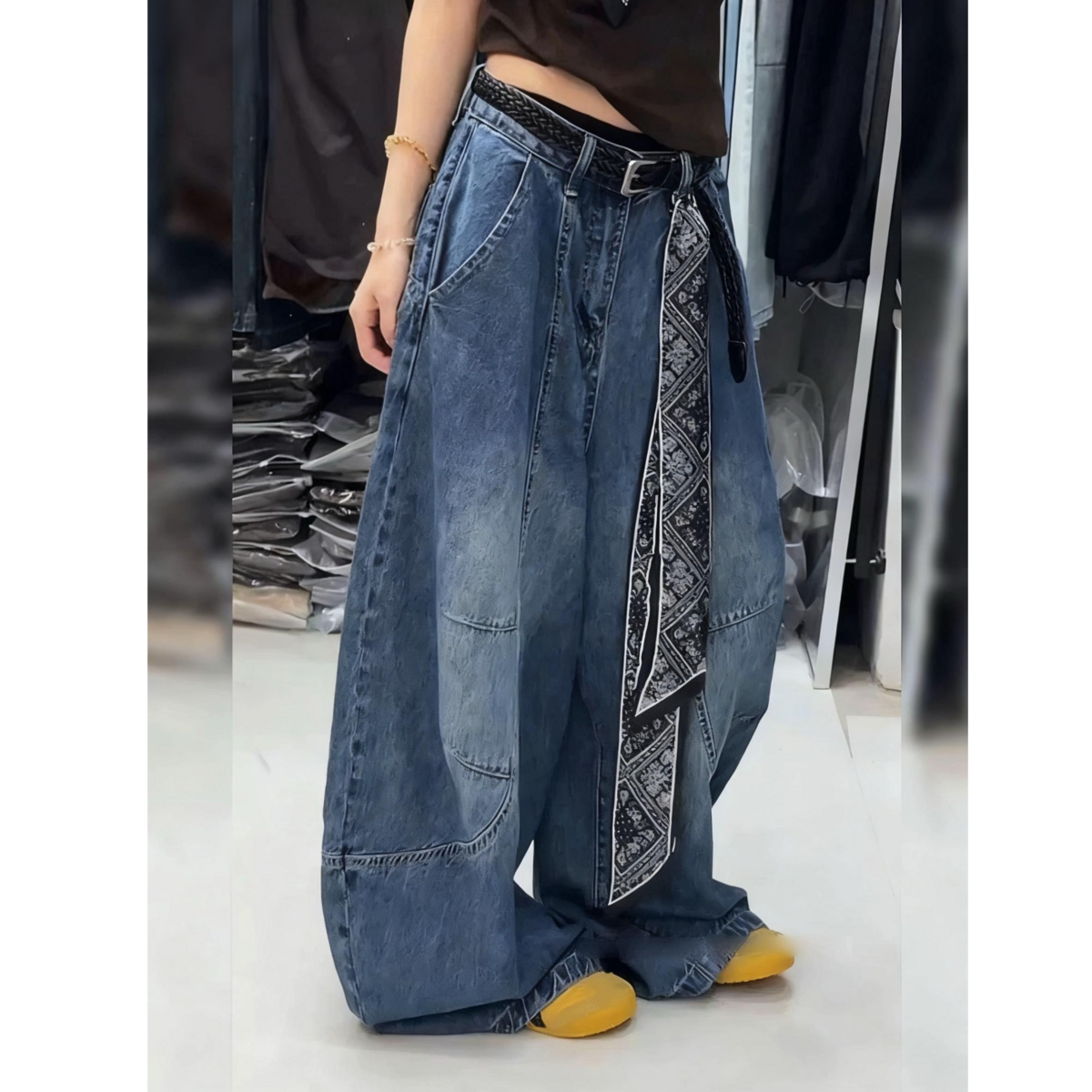 美式复古小众设计感百搭时髦牛仔裤子女辣妹宽松bf慵懒风弯刀长裤