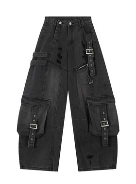 秋冬款美式街头多口袋工装牛仔裤男女阔腿弯刀重工水洗高街长裤