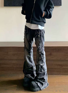 2025美式重工做旧水洗立体毛边多口袋牛仔裤马骝工艺微喇直筒长裤