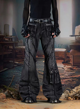 2025新款暗黑高街超重工解构毛边多口袋拼接捏褶微喇裤牛仔裤男女
