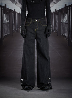 新款裤脚飞机扣金属装明线直筒牛仔裤子百搭高街头潮男女同款潮流