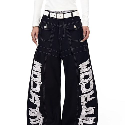 美式街头字母印花弯刀牛仔裤男女潮牌宽松复古结构阔腿休闲长裤子