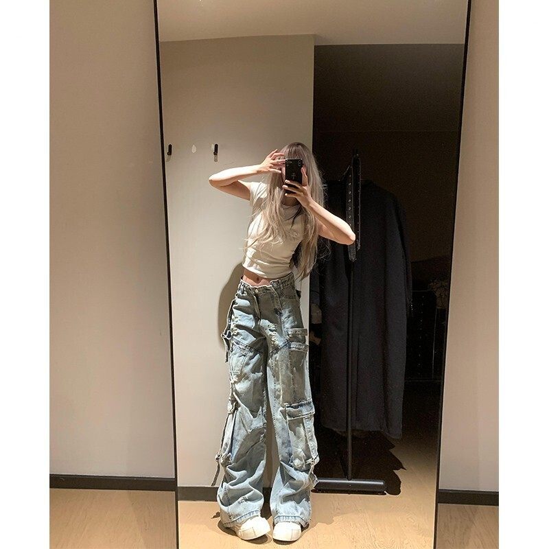 港风潮牌解构重工水洗磨破口袋工装牛仔裤子高街设计感宽松直筒裤