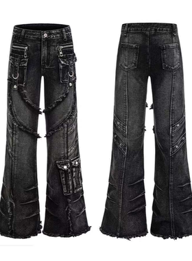 2025新美式复古水洗做旧朋克小众微喇牛仔裤男女破坏阔腿拖地长裤