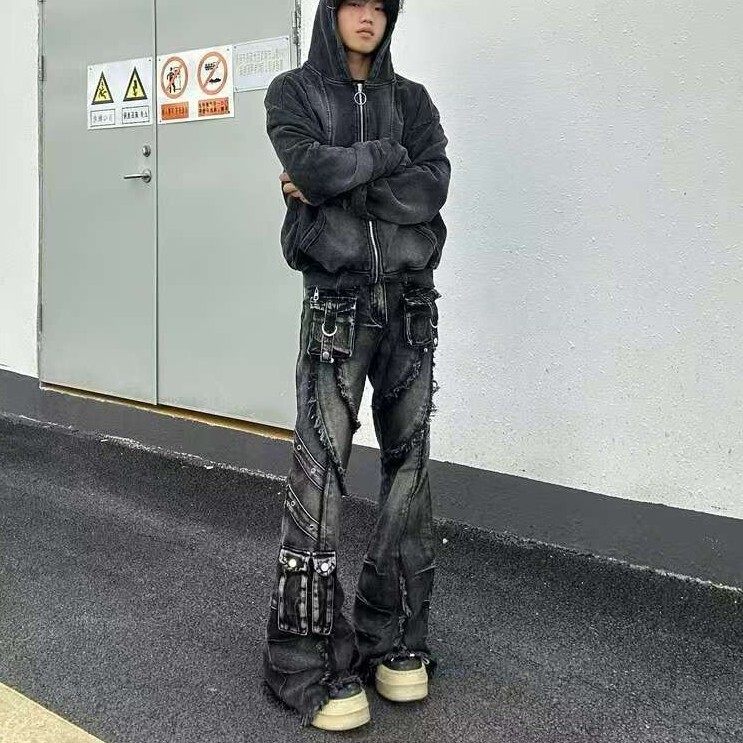 2025设计感多口袋喇叭牛仔裤男女视觉系美式工装复古黑色宽松裤子