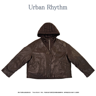 UrbanRhythm设计感假两件连帽皮衣拼接90白鹅绒羽绒服女短款 保暖