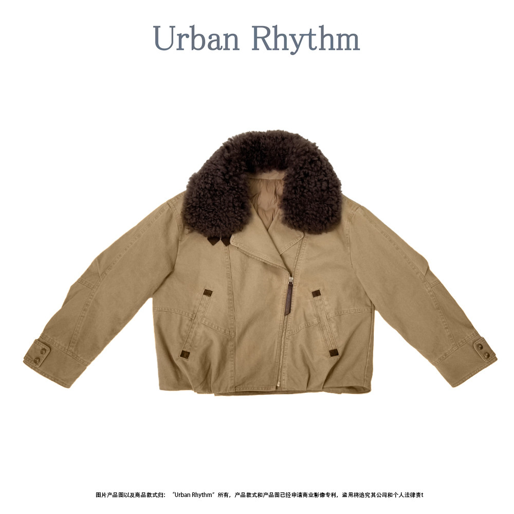 Urban rhythm90鹅绒羽绒服女短款羊毛皮草领牛仔派克服冬季外套