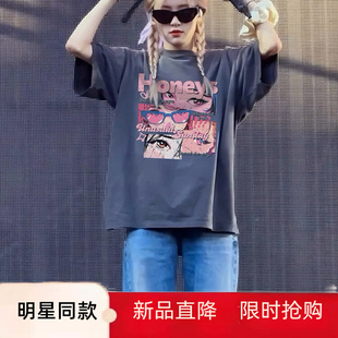 日本offcat新款李知恩iu同款短袖女夏季纯棉宽松圆领正肩t恤上衣