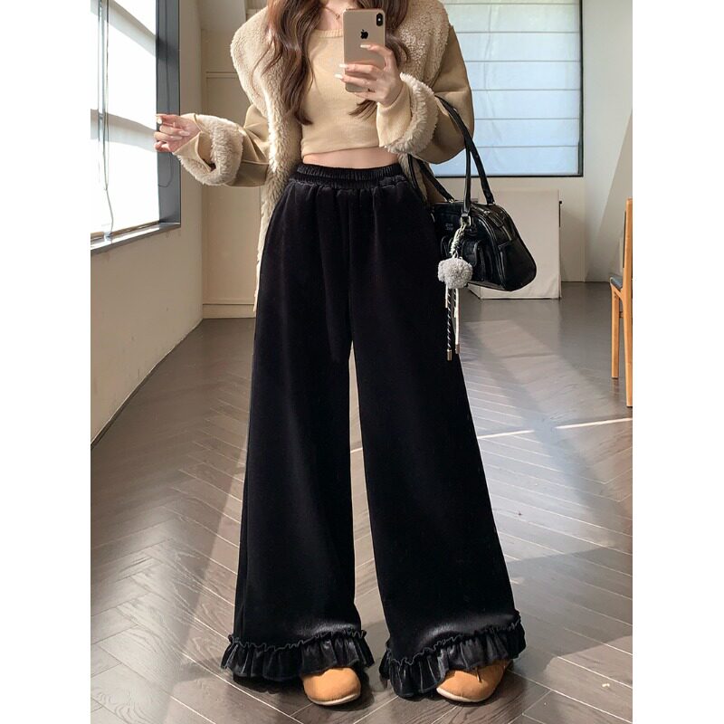 日本offcat加绒加厚丝绒休闲裤女秋冬季木耳边宽松阔腿裤黑色宽松