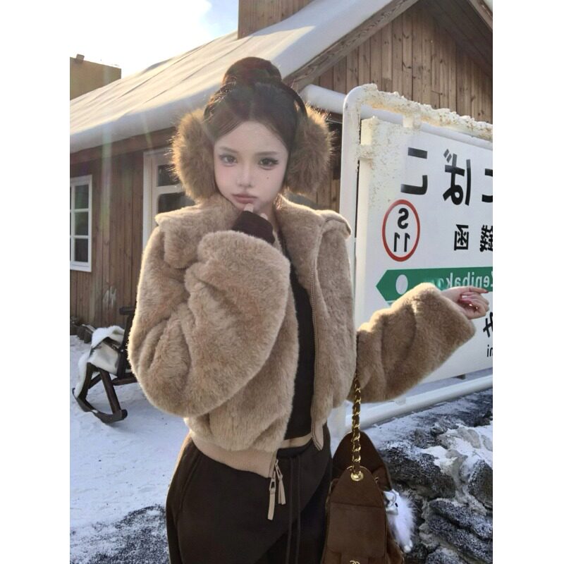 日本offcat老钱风环保皮草短款外套女秋冬加厚保暖小个子翻领毛毛