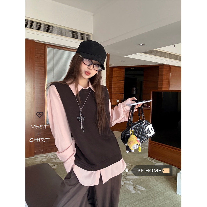 日本offcat复古棕色针织马甲背心女秋季韩系粉色宽松叠穿长袖衬衫