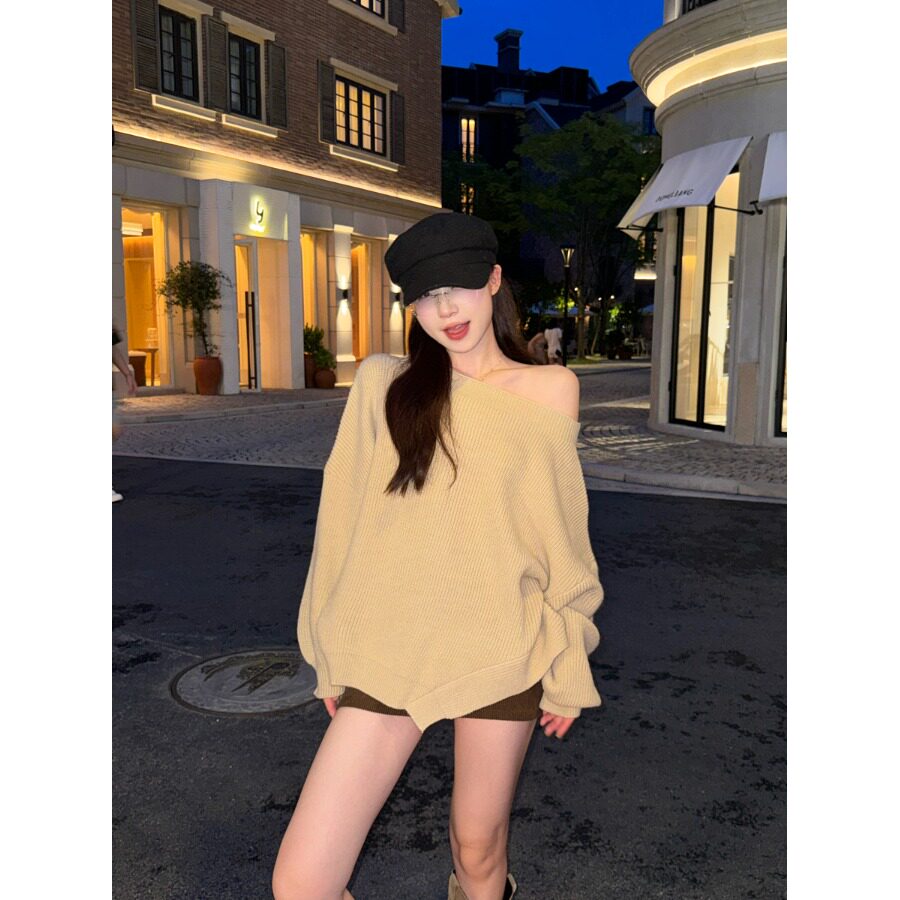 日本offcat纯欲风斜肩不规则毛衣女秋季宽松慵懒风针织衫气质露肩