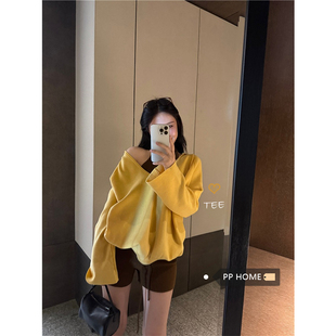 日本offcat设计感深V领抽绳连帽长袖针织衫女秋冬黄色宽松卫衣短