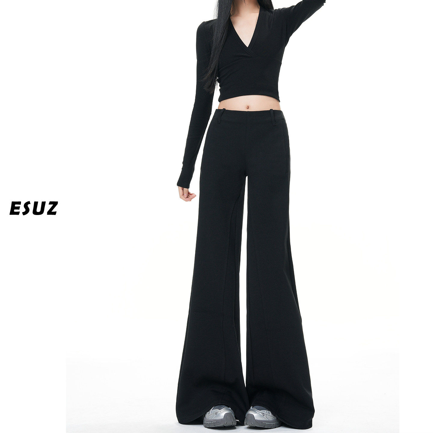 日本offcat黑色窄版微喇叭阔腿裤女加绒冬季新款垂感宽松慵懒风运