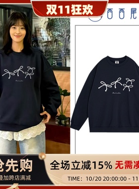 日本offcat藏蓝色蝴蝶结卫衣女2025新款爆款春秋款圆领宽松韩系ch