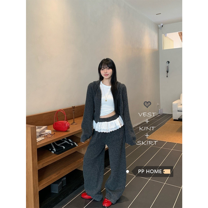 日本offcat韩系穿搭一整套女秋季灰色拉链连帽毛衣外套花边阔腿休