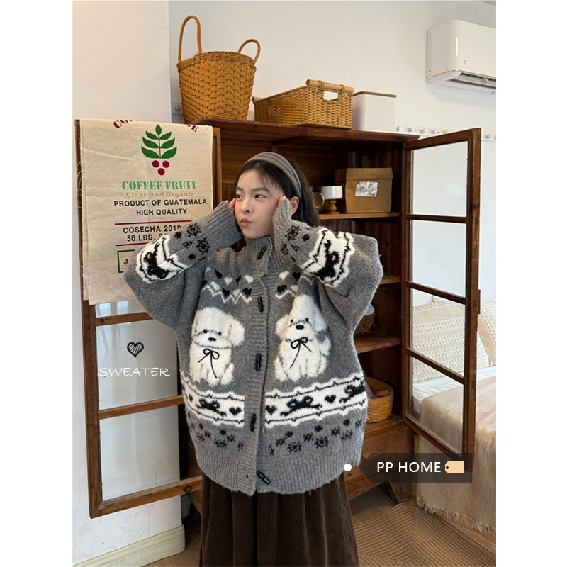 日本offcat立领慵懒风软糥牛角扣毛衣外套女秋冬复古宽松休闲针织