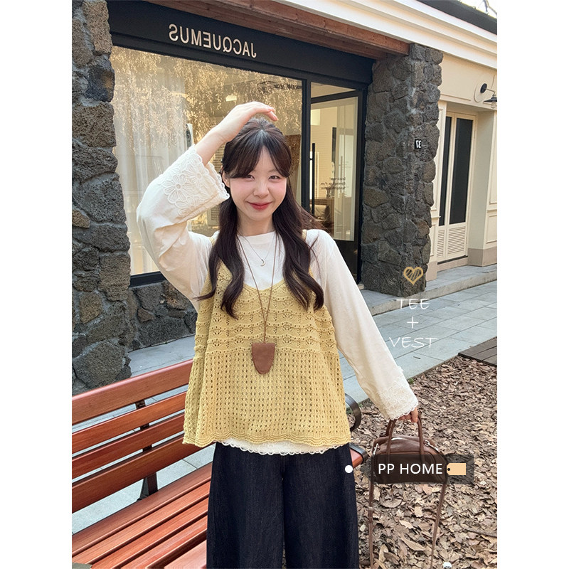 日本offcat温柔黄色镂空针织吊带背心女秋季韩系甜美宽松内搭打底
