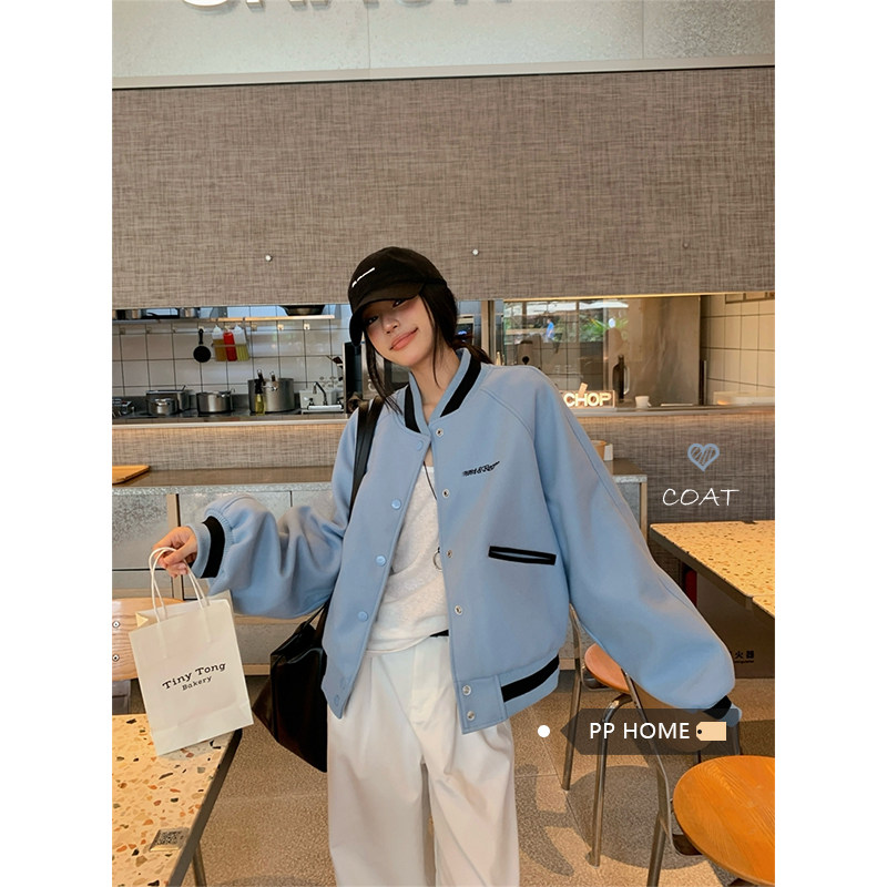 日本offcat美式撞色拼接蓝色棒球服外套女秋冬休闲宽松夹克衫休闲