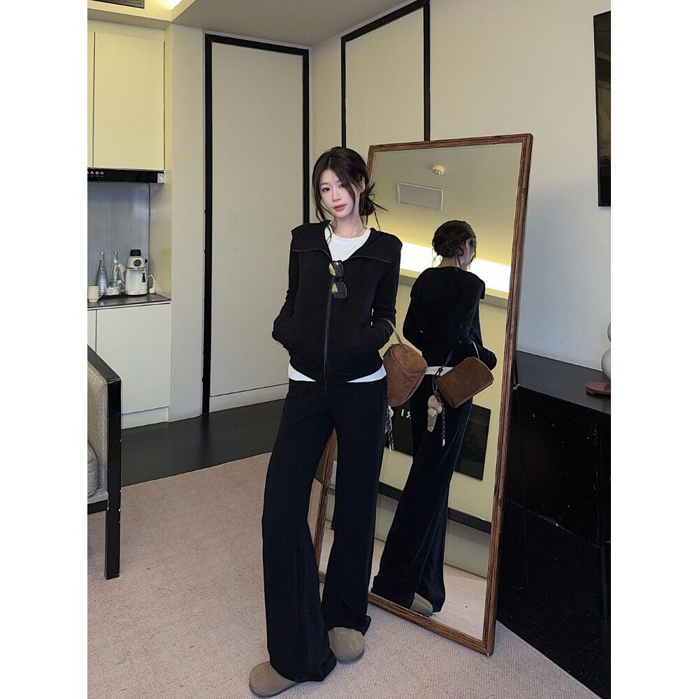 日本offcat黑色双面磨毛修身拉链连帽卫衣外套女秋冬休闲套装运动