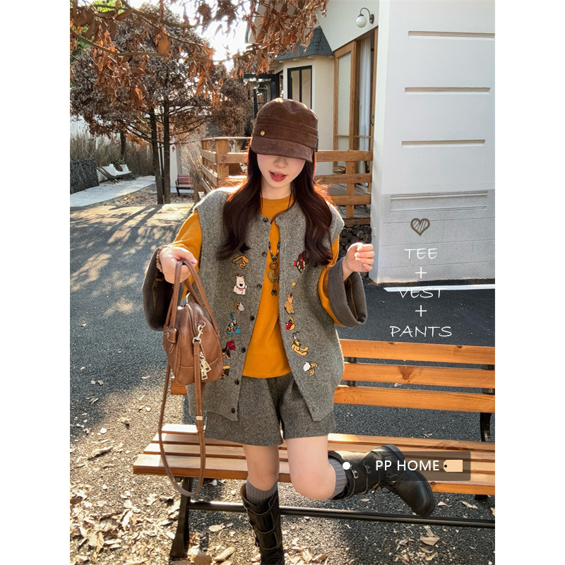 日本offcat趣味动物刺绣针织马甲宽松卫衣女秋冬三件套灰色阔腿休