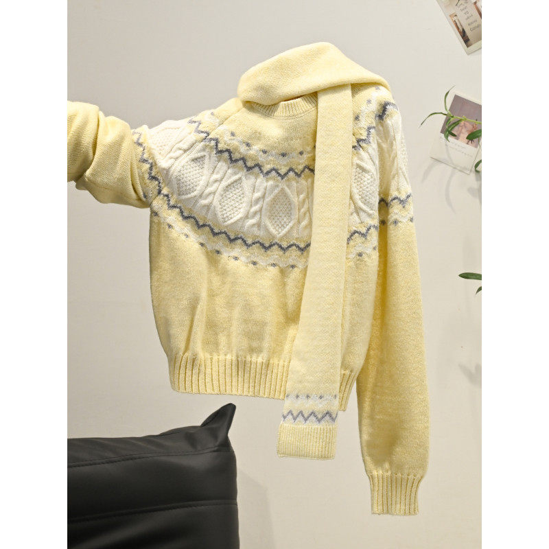 日本offcat奶黄色费尔岛提花羊毛围巾毛衣女秋冬温柔氛围感穿搭针