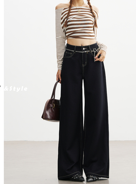 日本offcat三防藏蓝色阔腿牛仔裤女2025秋冬新款美式高腰垂感宽松