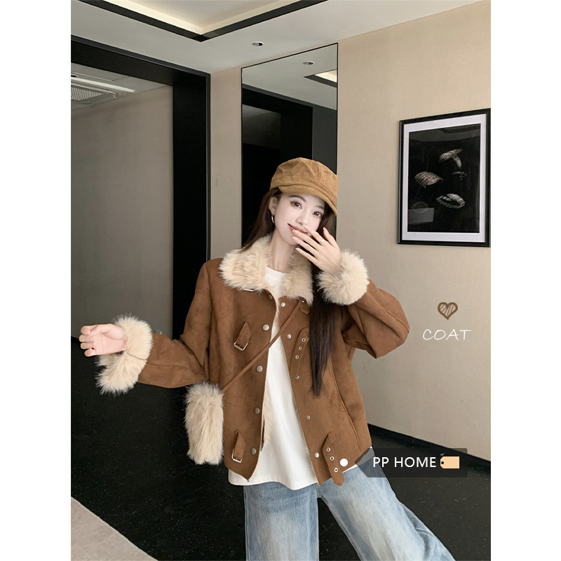 日本offcat复古皮毛一体立领短款外套女秋冬时尚卡其色宽松鹿皮绒