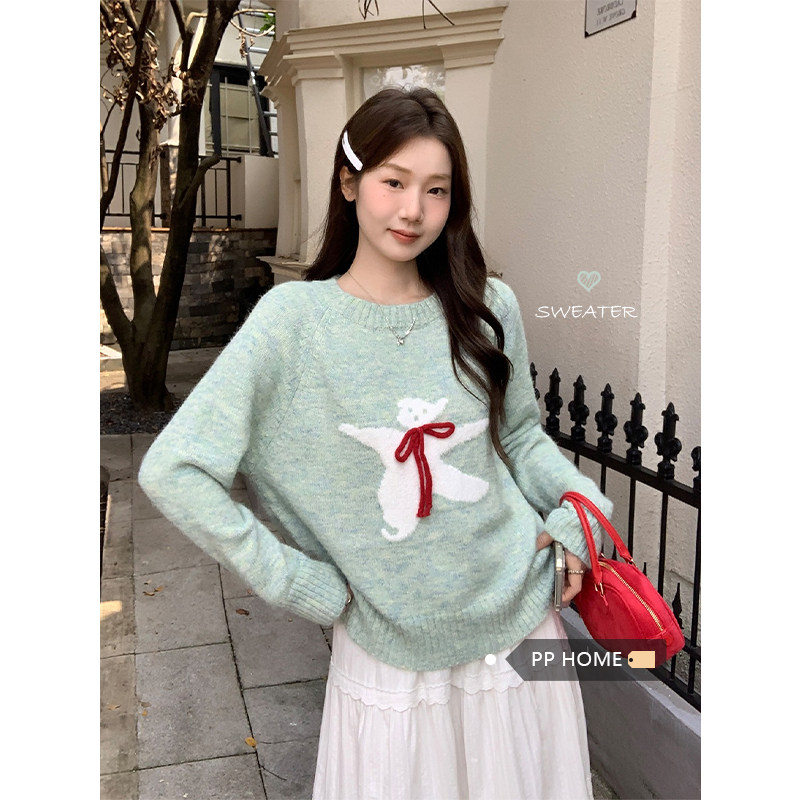 日本offcat韩系毛衣宽松软糯减龄卡通小熊系绳上衣女2025秋款针织