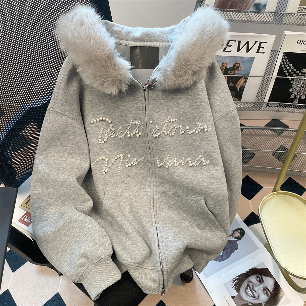 日本offcat美式加绒加厚毛领钉珠开衫外套女秋冬宽松慵懒风oversi