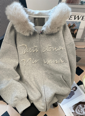 日本offcat美式加绒加厚毛领钉珠开衫外套女秋冬宽松慵懒风oversi