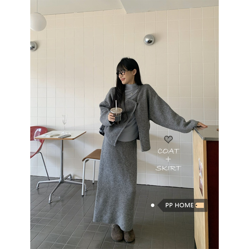 日本offcat时尚miu系套装女秋冬灰色不规则圆领宽松开衫外套半身