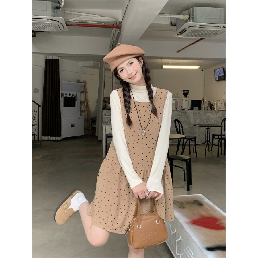 日本offcat甜美灯芯绒波点背心连衣裙女秋冬韩系内搭针织打底衫两