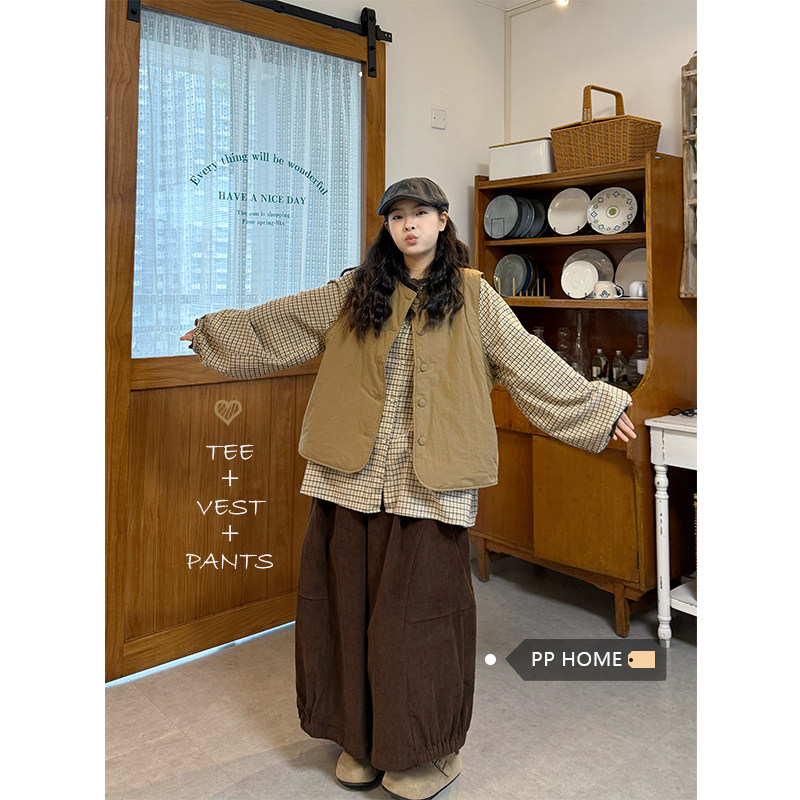 日本offcat日系穿搭套装女秋季宽松磨毛格子衬衫夹棉马甲外套灯芯