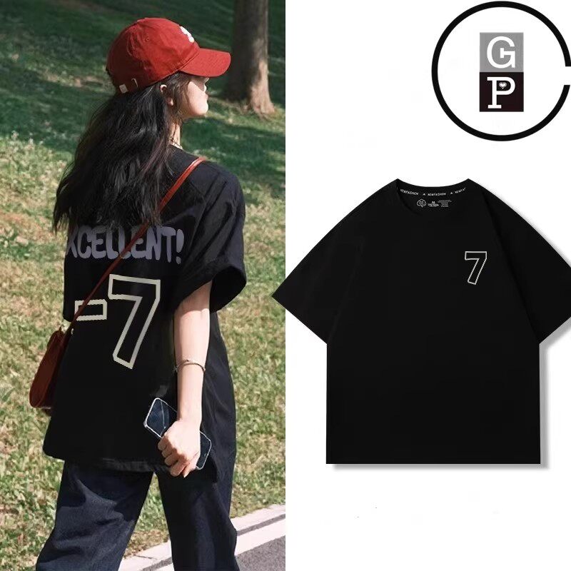 日本GP新款黑色宽松t恤女款短袖夏季纯棉圆领体恤衫chic别致上衣