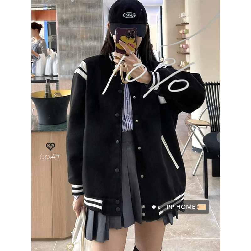 日本offcat美式设计感撞色棒球服外套女秋冬休闲宽松卫衣黑色百搭