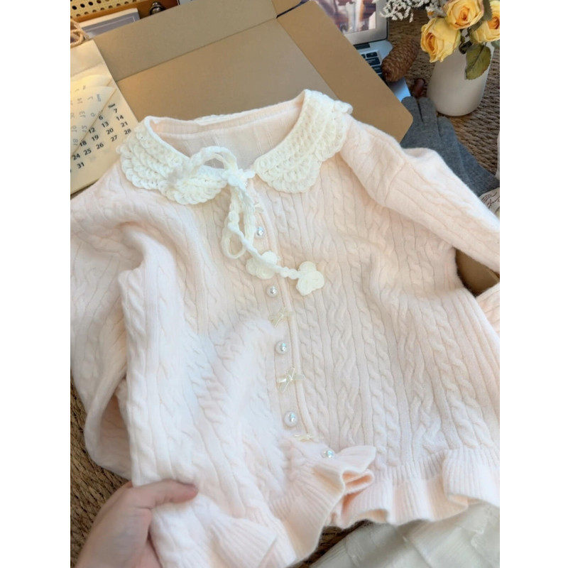 日本offcat甜美风娃娃领蝴蝶结麻花毛衣女秋冬气质别致漂亮针织开