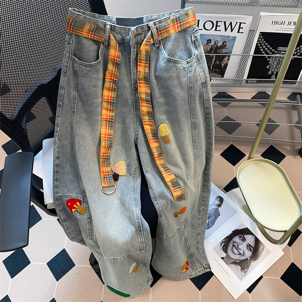 日本offcat美式复古卡通毛巾绣阔腿牛仔裤女秋季休闲潮牌hiphop直