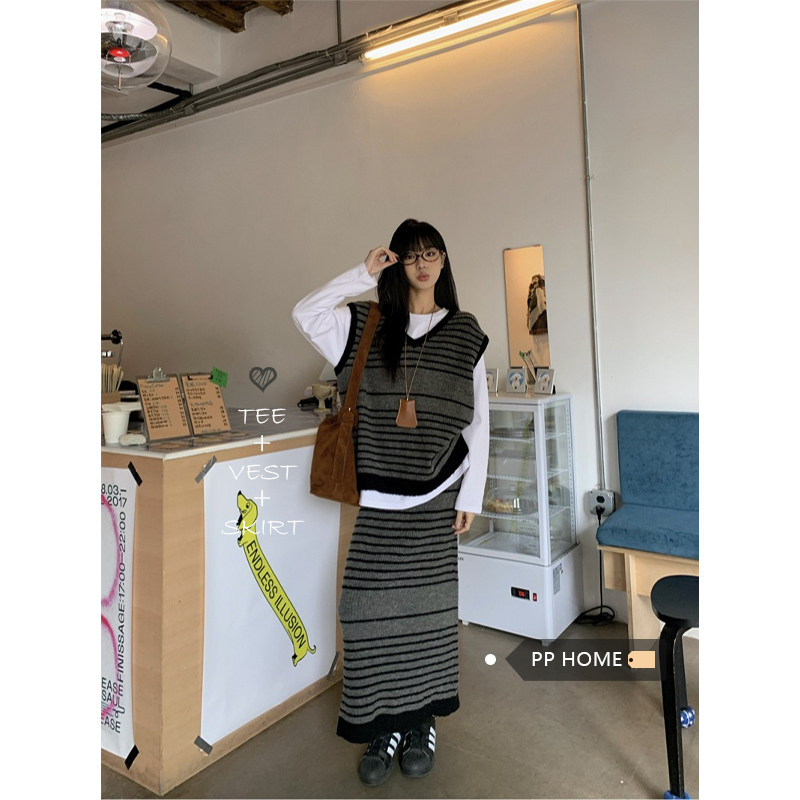 日本offcat毛衣套装女秋季复古设计感撞色条纹针织马甲背心慵懒半