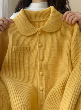 日本offcat超好看娃娃领针织开衫外套女秋冬季2025新款黄色软糯长