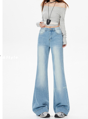 日本offcat浅蓝色高腰微喇牛仔裤女2025秋冬新款显瘦宽松垂感窄版