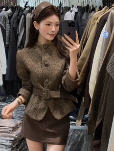 法式气质女人收腰复古毛呢短外套百搭半身短裙套装2025秋冬新款