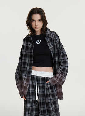 UMBNESS 潮牌宽松慵懒复古格纹衬衣磨毛料翻领衬衫水洗渐变外套秋