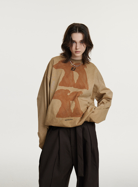 UMBNESS废土风咖色长袖T恤无性别潮牌设计师款宽松慵懒感圆领卫衣