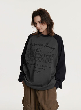 UMBNESS 潮牌咖色手绘复古印花长袖T恤男士拼色宽松圆领插肩袖秋