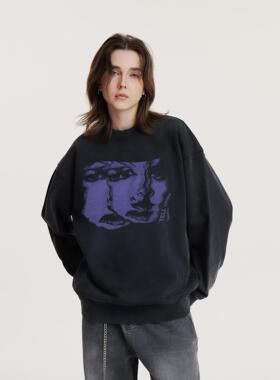 UMBNESS 抽象艺术街头卫衣水洗黑色重磅宽松美式复古圆领套头长袖